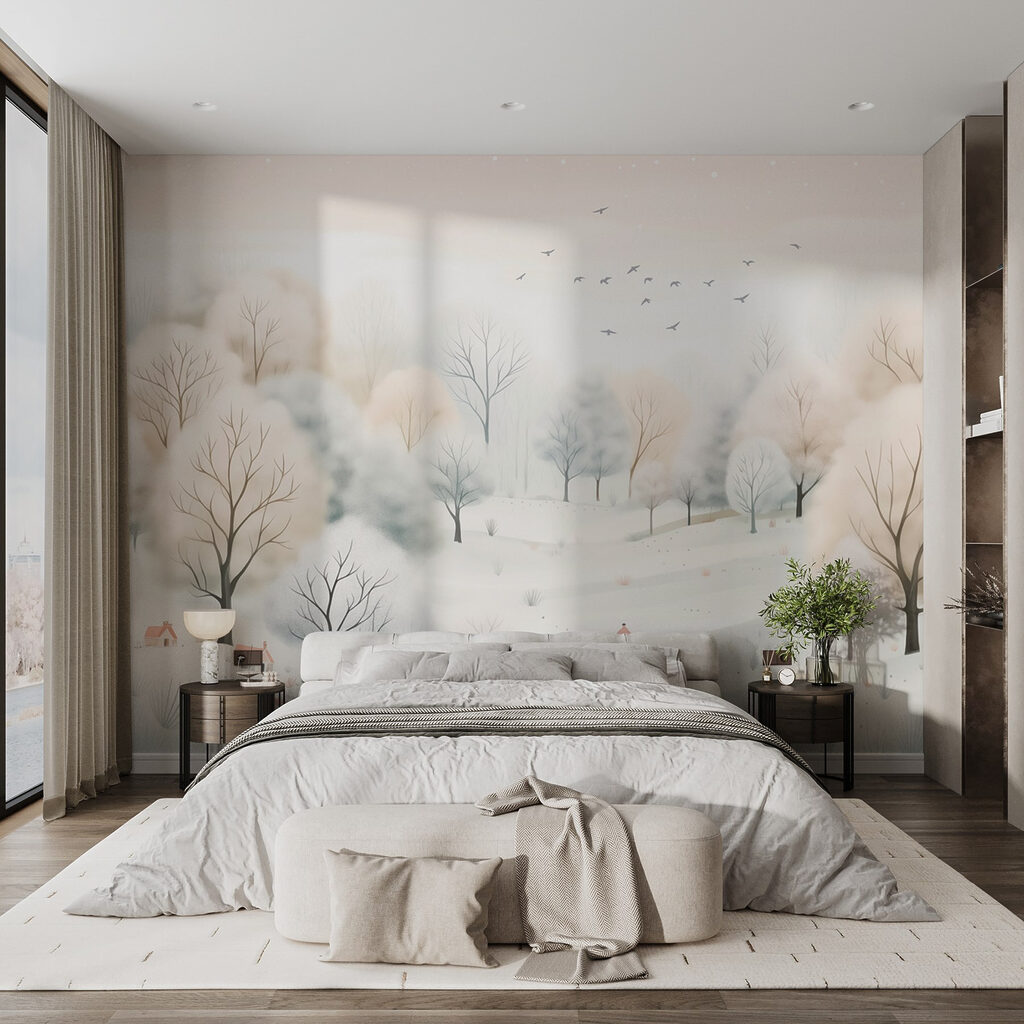 Snowy landscape with trees and birds