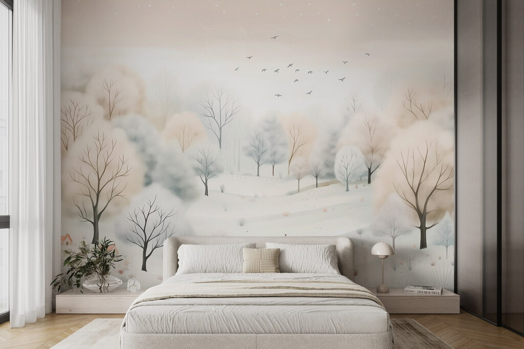 Snowy landscape with trees and birds