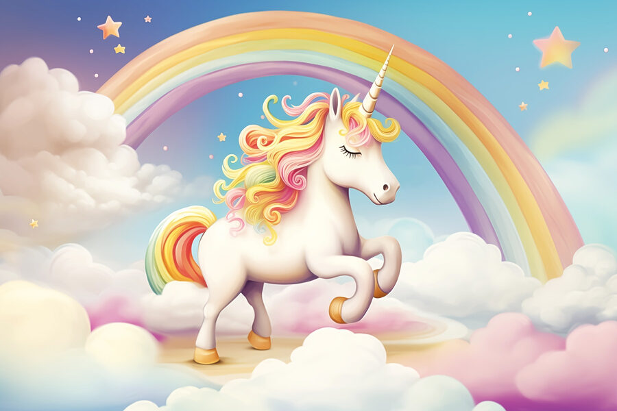 Unicorn cu curcubeu și nori