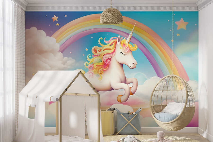 Unicorn cu curcubeu și nori