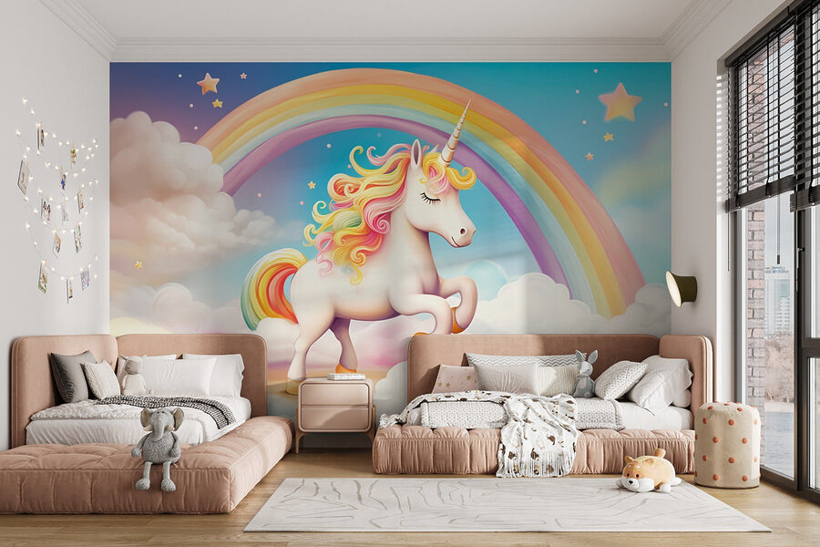 Unicorn cu curcubeu și nori