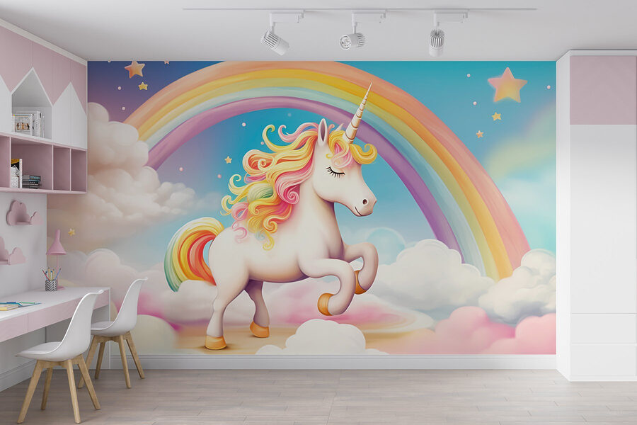 Unicorn cu curcubeu și nori