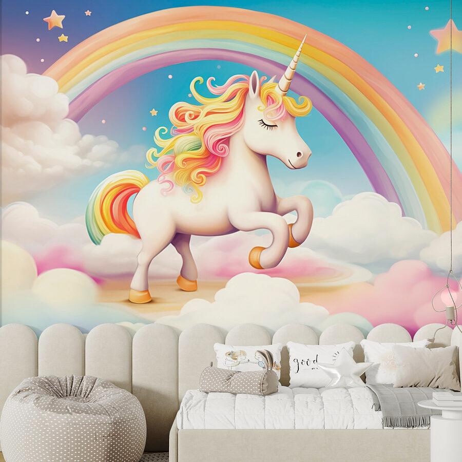 Unicorn cu curcubeu și nori