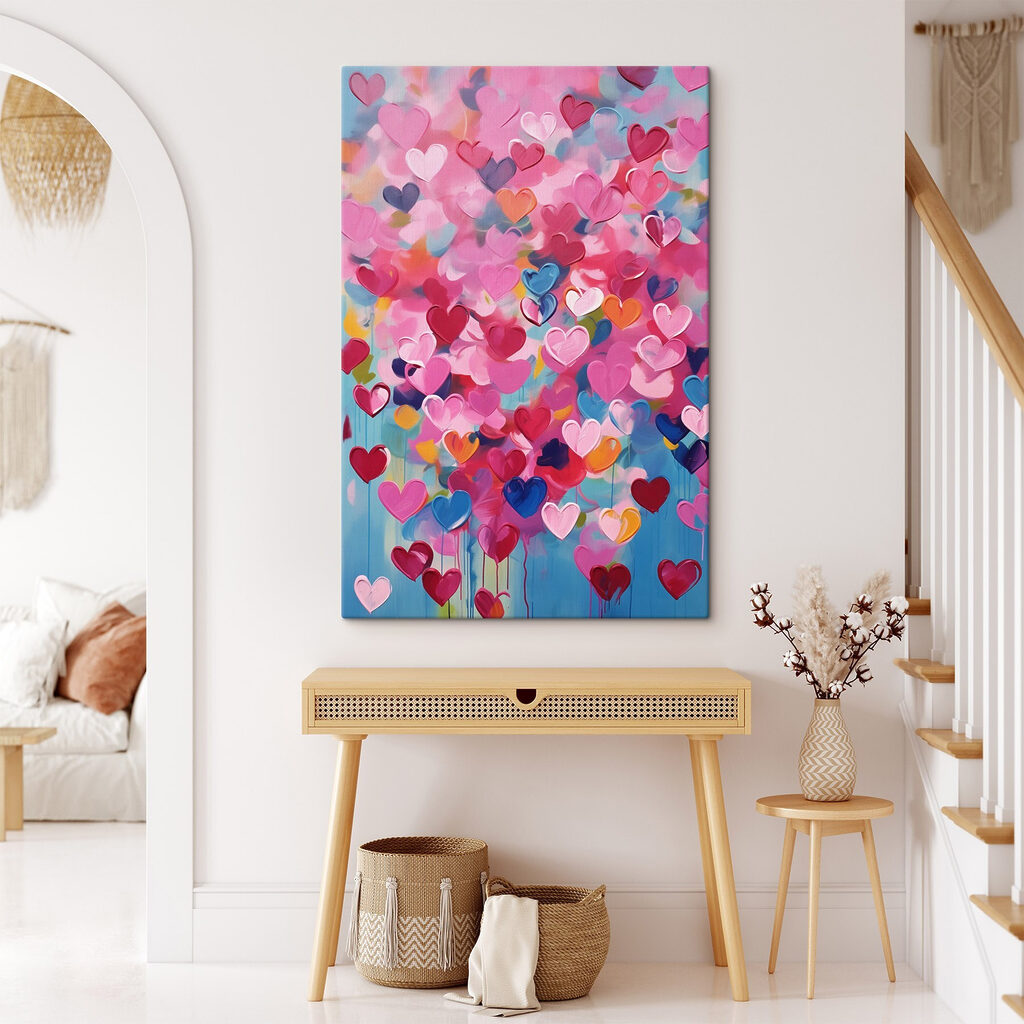 Painting of hearts on a blue background Painting of hearts on a blue background