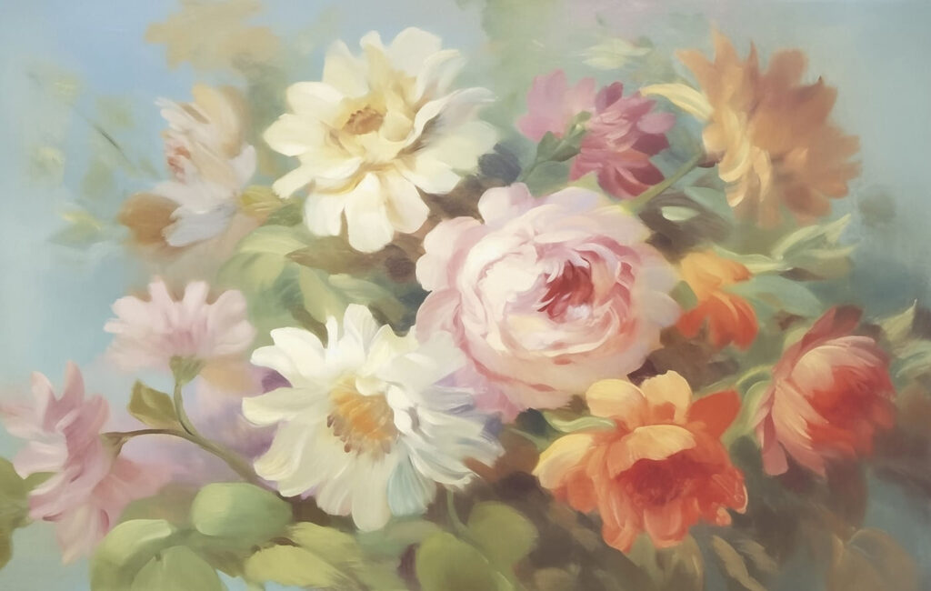 Pictura de flori pe un fundal albastru Pictura de flori pe un fundal albastru