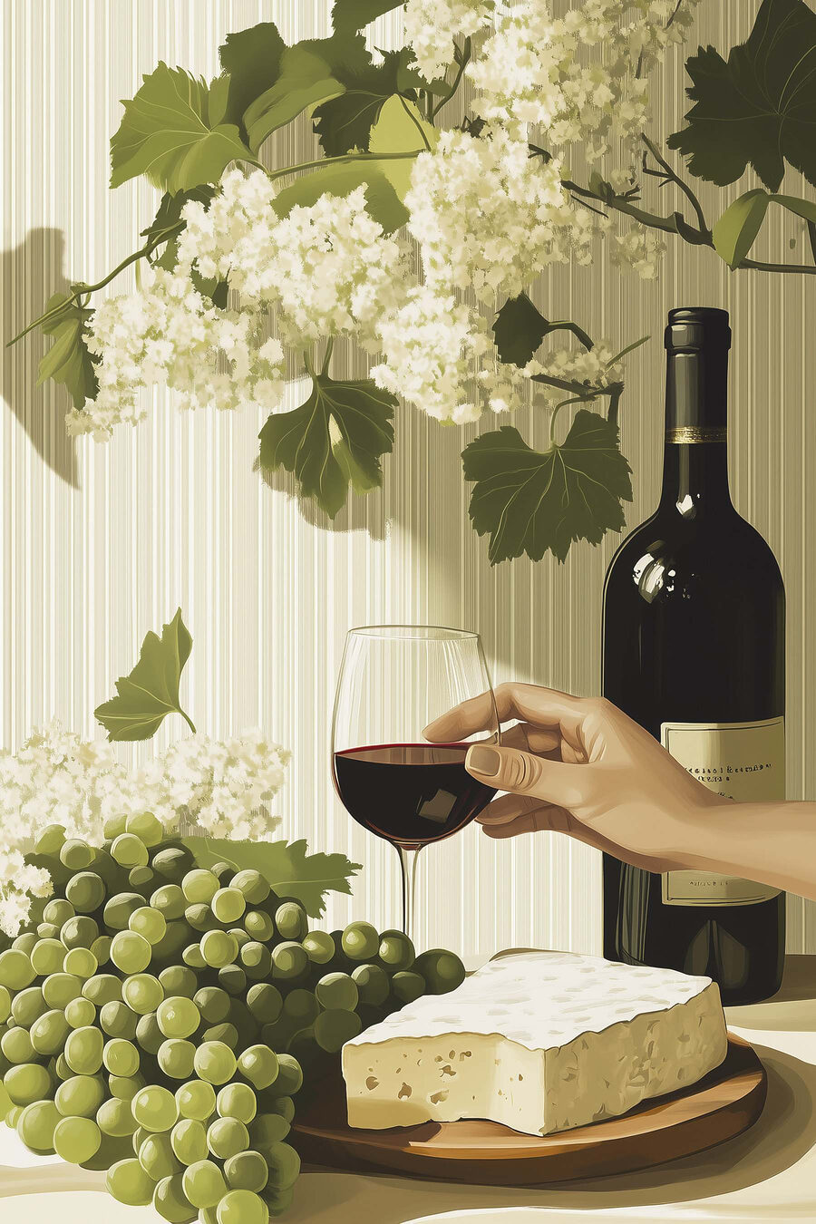O mână care ține un pahar de vin lângă o sticlă de vin