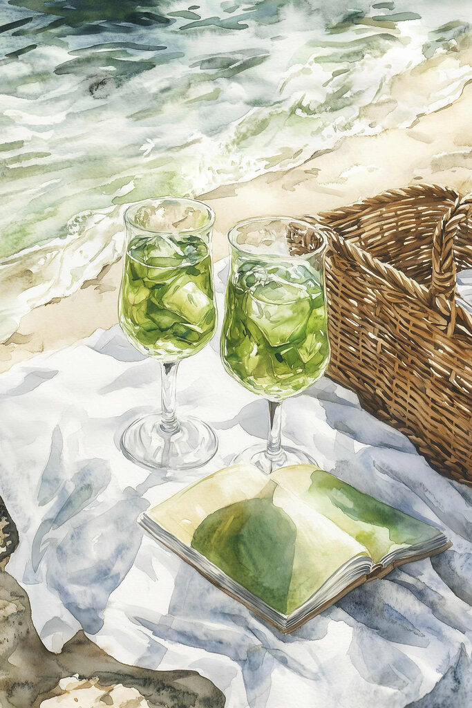 Watercolor of two glasses of wine next to a picnic basket and a book Watercolor of two glasses of wine next to a picnic basket and a book