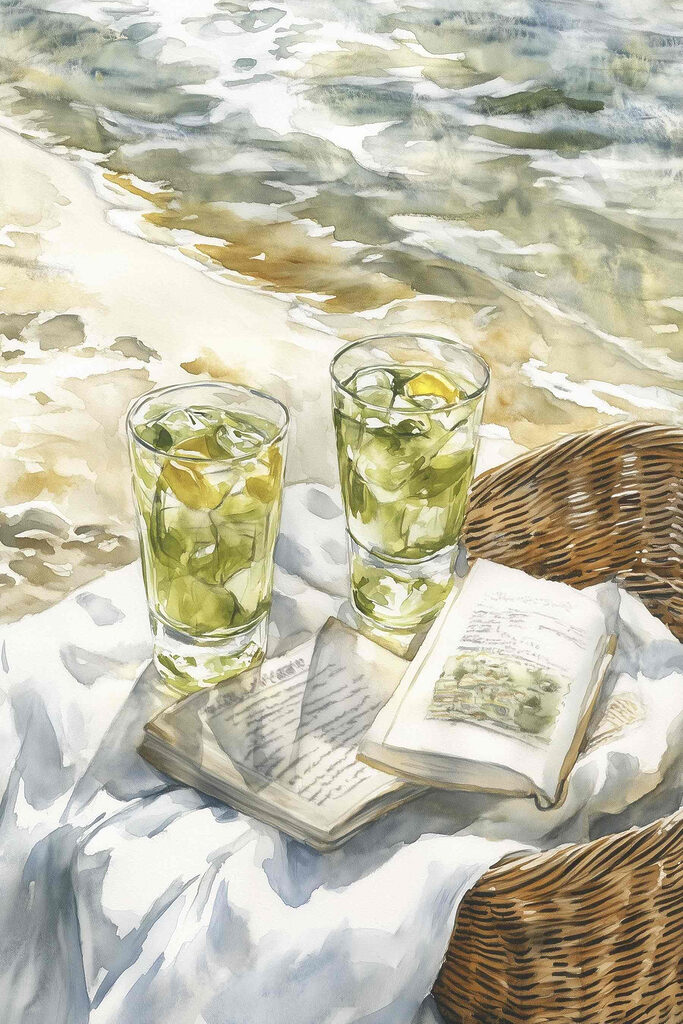 Watercolor painting of two glasses of ice tea and a book on a blanket on a beach
