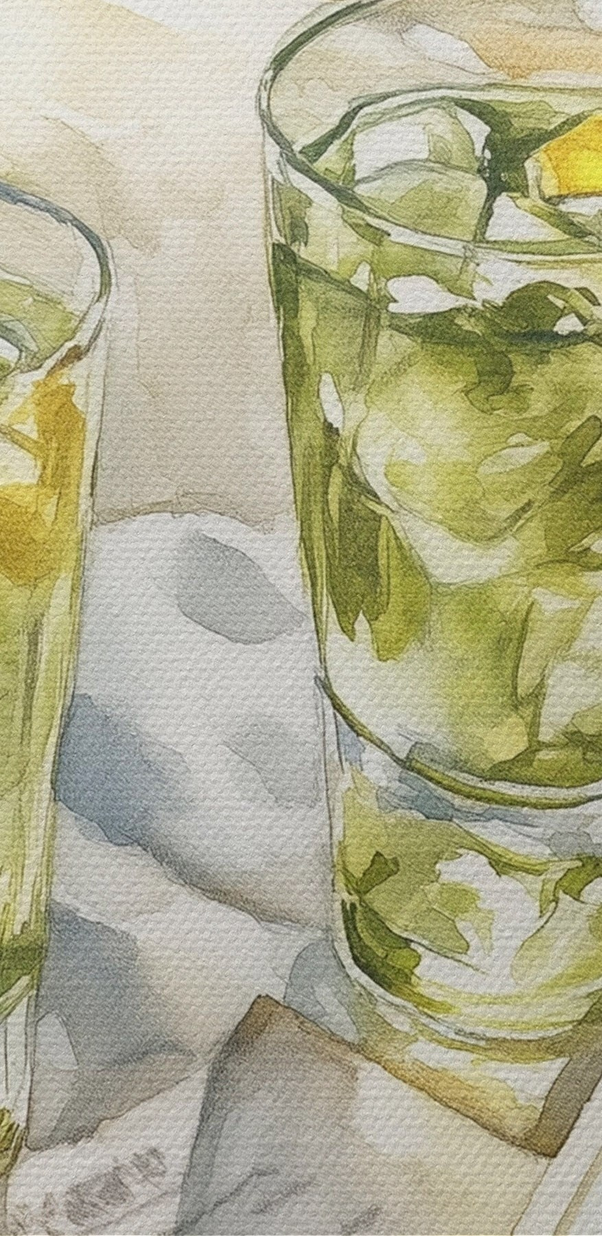 Pictura acuarelă a două pahare de ceai de gheață și o carte pe o pătură pe o plajă Pictura acuarelă a două pahare de ceai de gheață și o carte pe o pătură pe o plajă