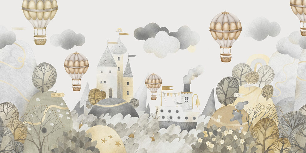 Pictură în acuarelă a unui castel și baloane cu aer cald Pictură în acuarelă a unui castel și baloane cu aer cald
