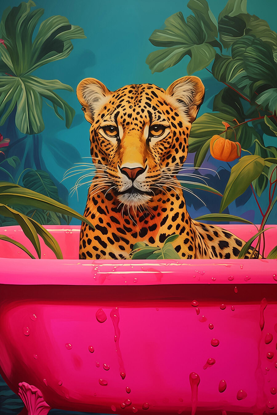 Cheetah într-o cadă roz cu plante