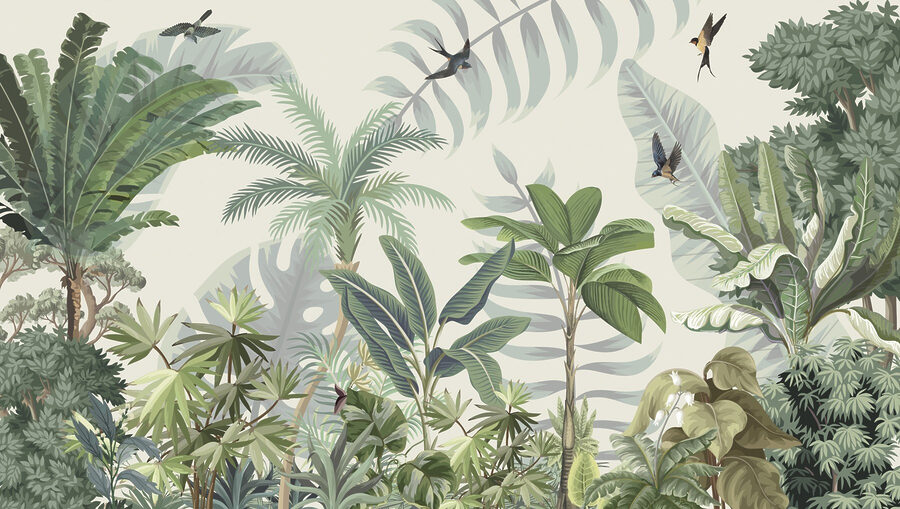 Wallpaper cu plante tropicale și păsări
