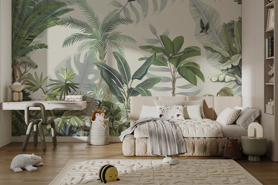 Wallpaper cu plante tropicale și păsări