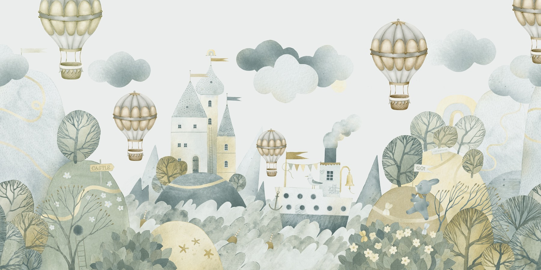 Watercolor painting of a castle and hot air balloons Watercolor painting of a castle and hot air balloons
