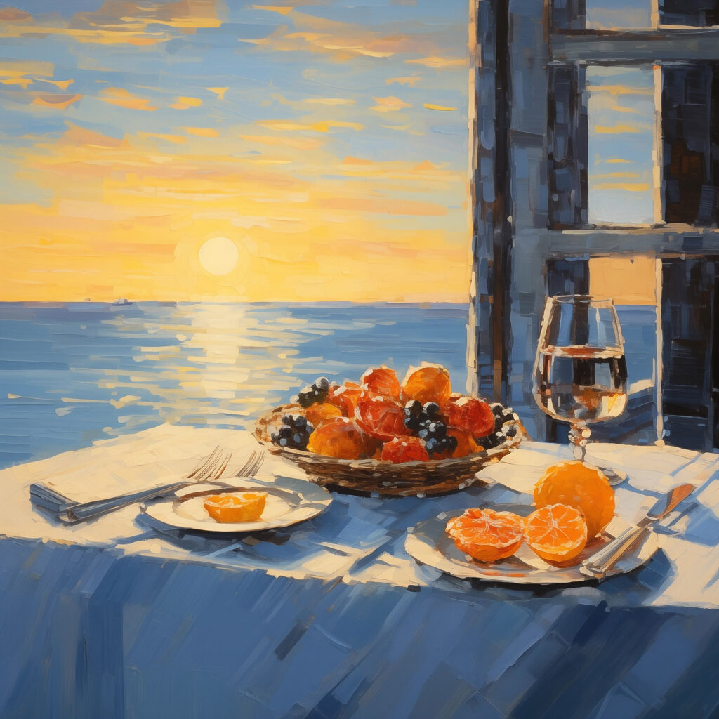 Painting of a basket of fruit on a table with a glass of wine