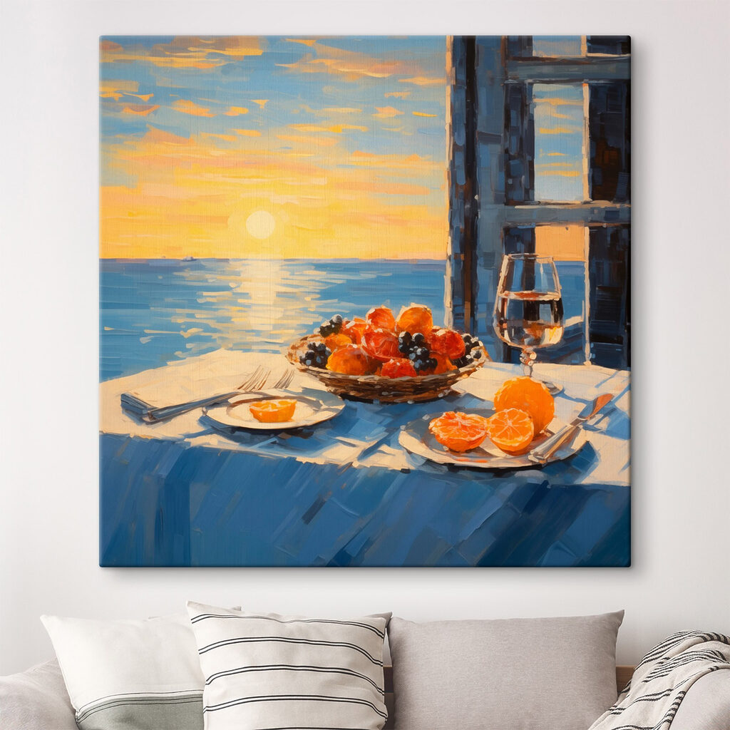 Painting of a basket of fruit on a table with a glass of wine