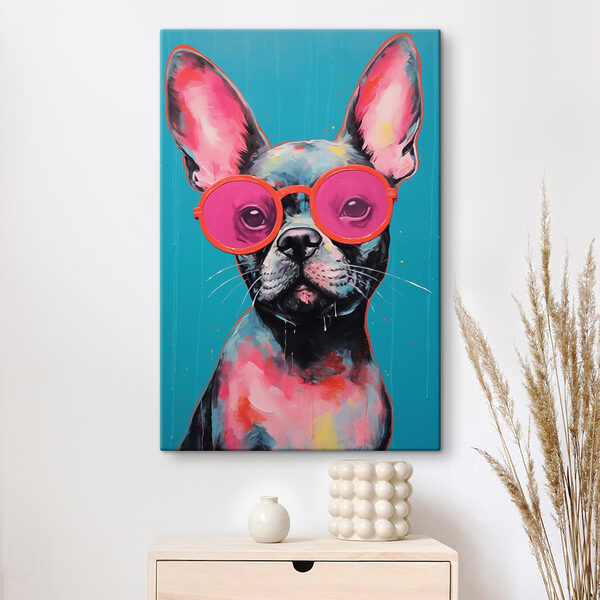 Tablouri Pictura unui câine care poartă ochelari de soare roz (SKU: s43156) Tablouri Tablouri Pictura unui câine care poartă ochelari de soare roz (SKU: s43156)