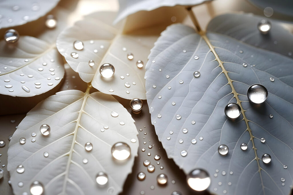 Nature's delicate droplets on leaves