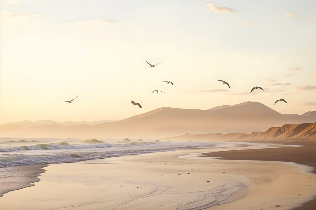 Birds flying over a beach