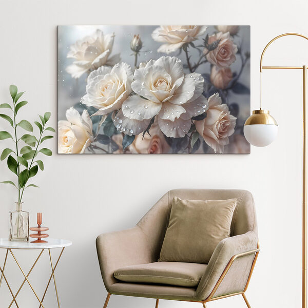 Tablouri Grup de trandafiri albi cu picături de apă
