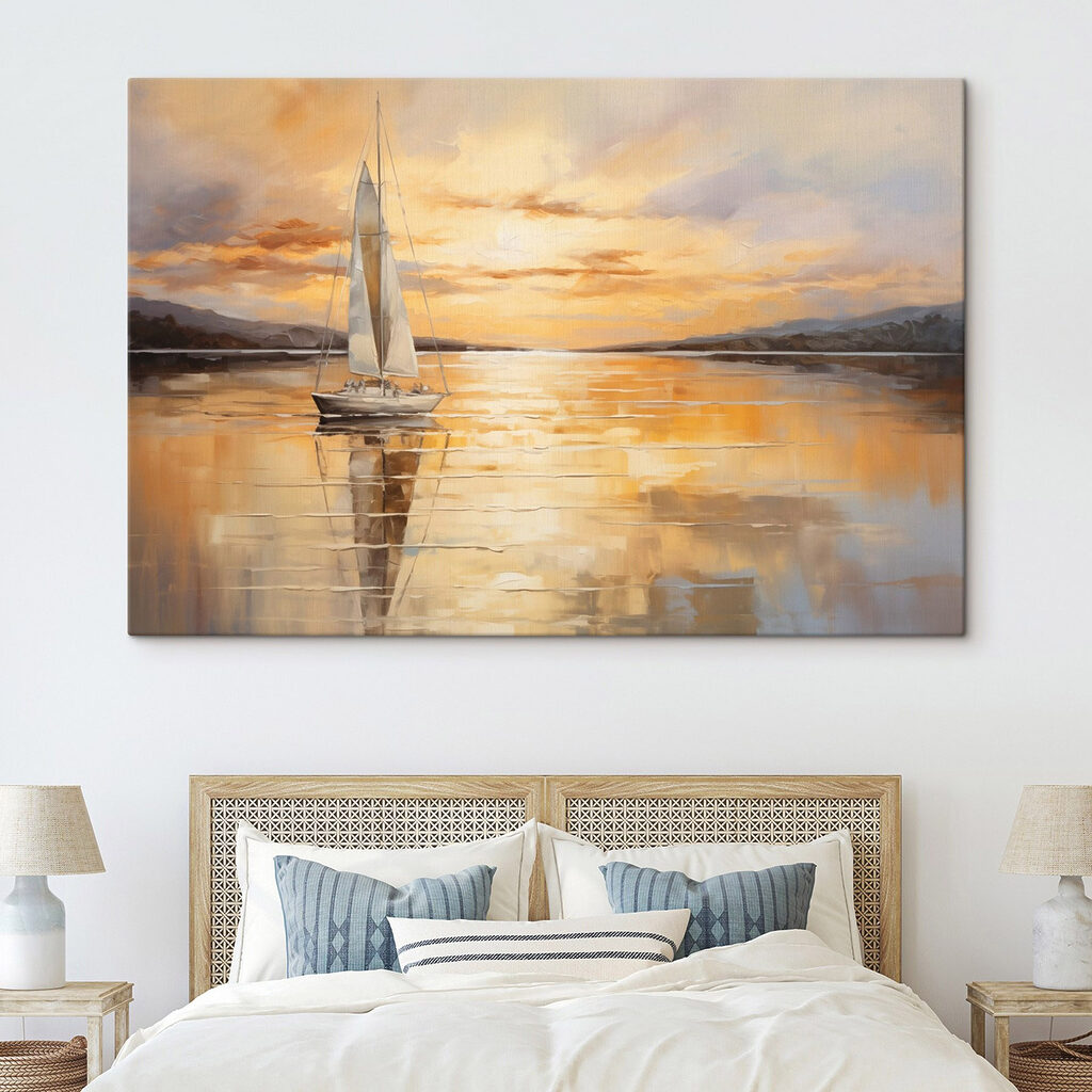 Painting of a sailboat on a calm lake
