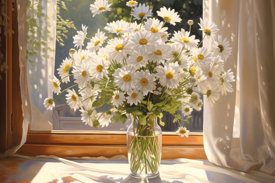 Buchet de margarete într-o vază de sticlă