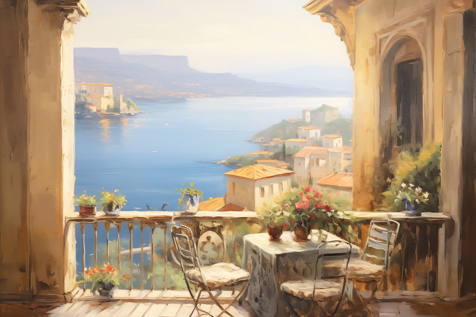 Painting of a balcony overlooking a body of water