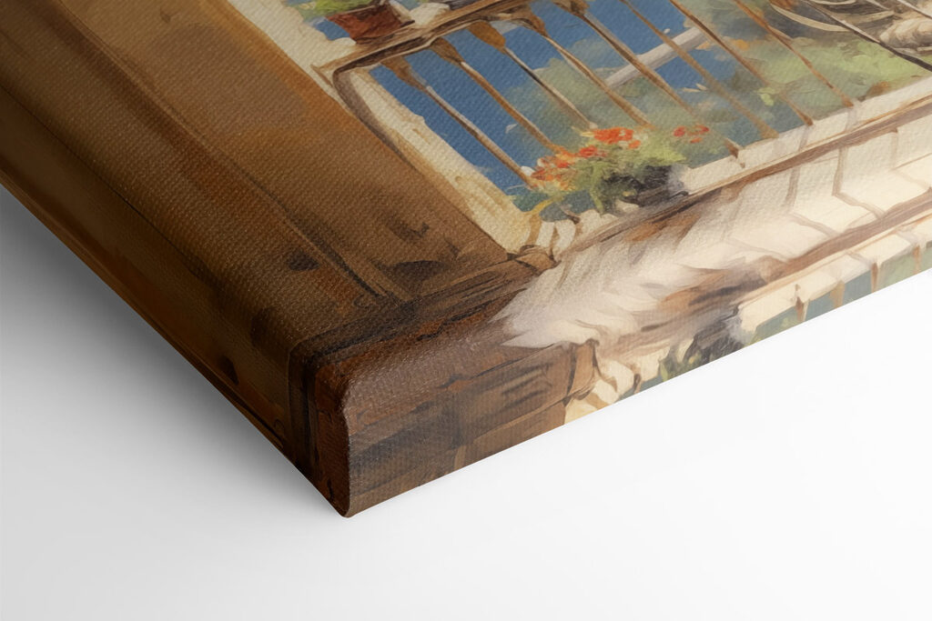 Painting of a balcony overlooking a body of water