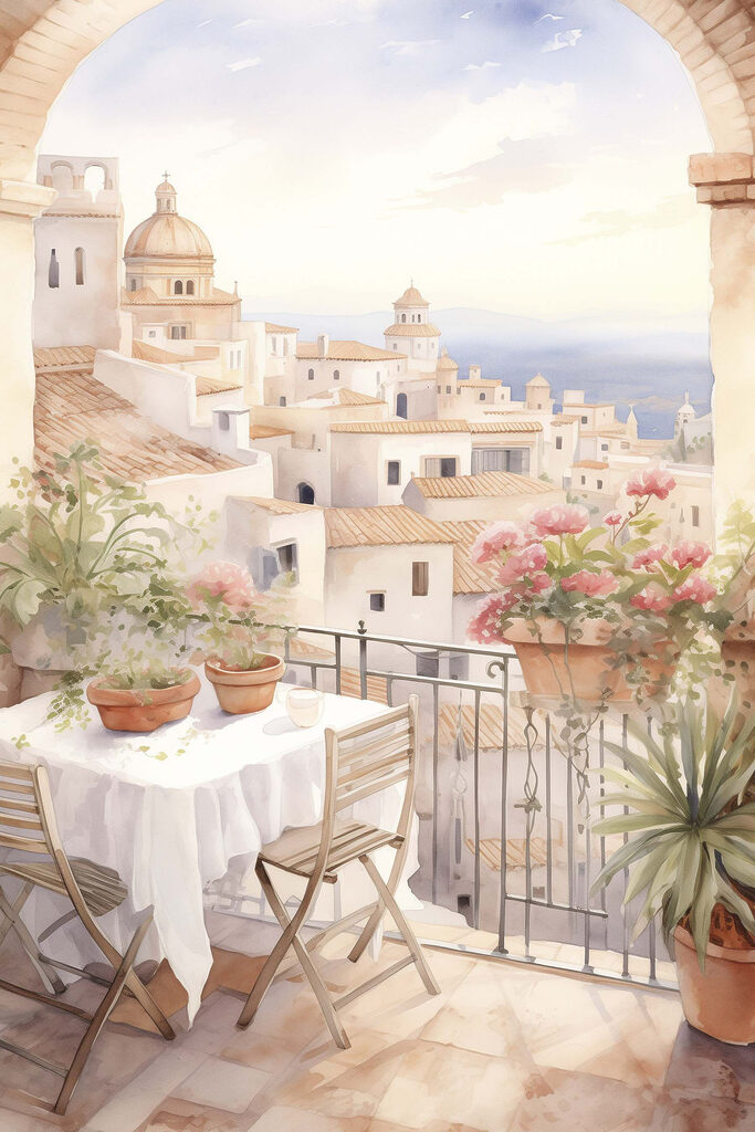 Watercolor painting of a table and chairs on a balcony overlooking a city Watercolor painting of a table and chairs on a balcony overlooking a city