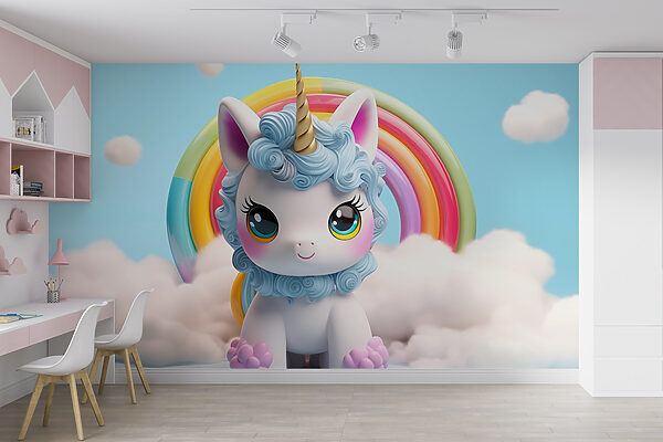 Jucărie unicorn cu un curcubeu în fundal Jucărie unicorn cu un curcubeu în fundal