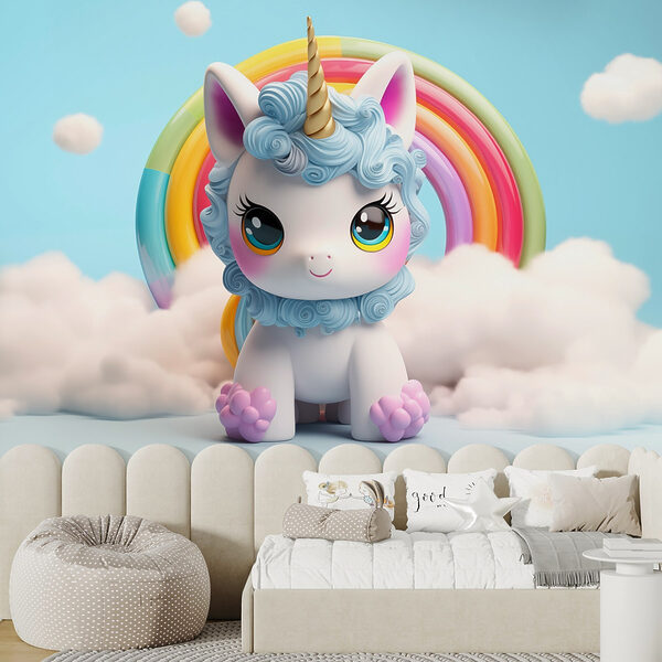 Jucărie unicorn cu un curcubeu în fundal Jucărie unicorn cu un curcubeu în fundal
