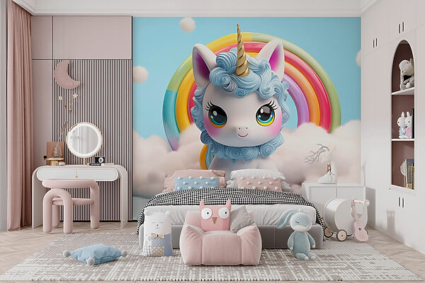 Jucărie unicorn cu un curcubeu în fundal Jucărie unicorn cu un curcubeu în fundal