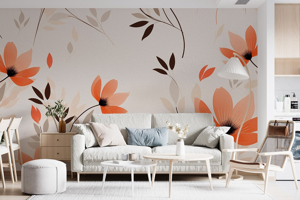 Wallpaper with flowers and leaves