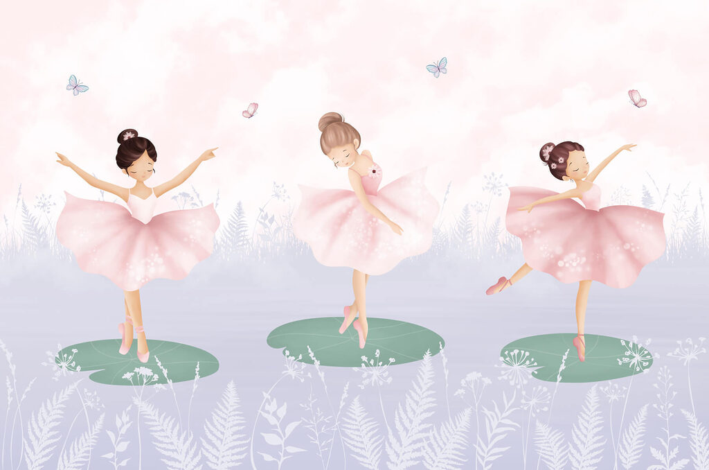Grup de fete în fuste tutu dansând pe liliac Grup de fete în fuste tutu dansând pe liliac