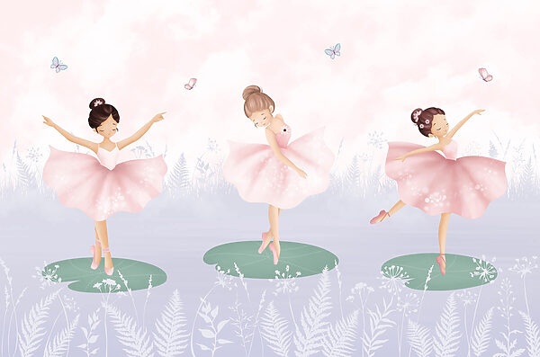 Grup de fete în fuste tutu dansând pe liliac Grup de fete în fuste tutu dansând pe liliac