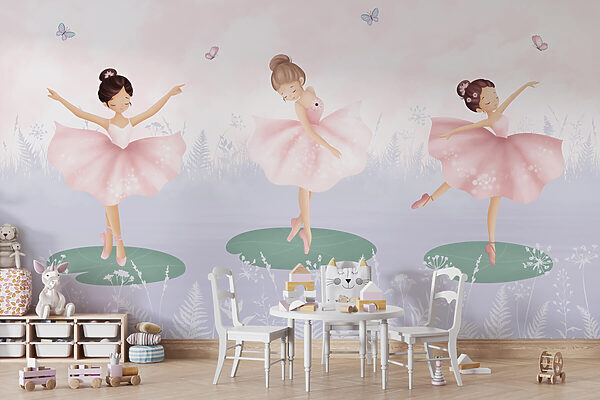 Grup de fete în fuste tutu dansând pe liliac Grup de fete în fuste tutu dansând pe liliac