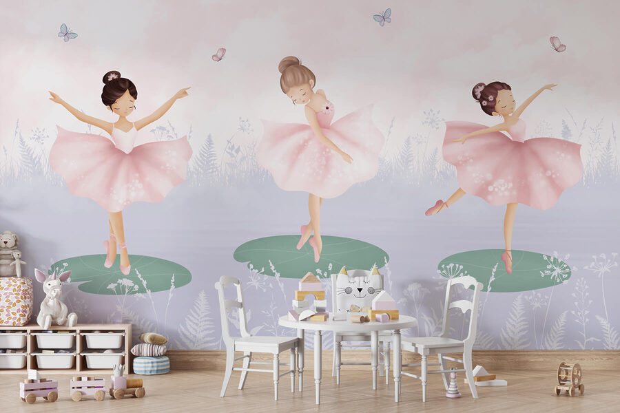 Fototapet Grup de fete în fuste tutu dansând pe liliac - imagine 3