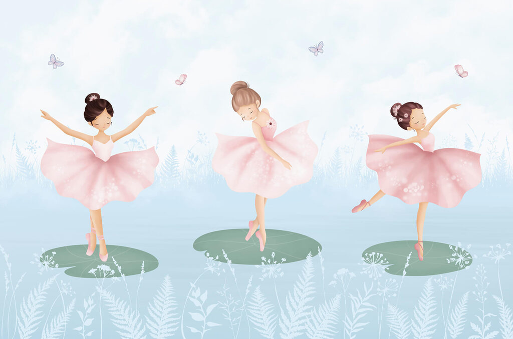 Grup de fete în tutu roz dansând pe liliac Grup de fete în tutu roz dansând pe liliac