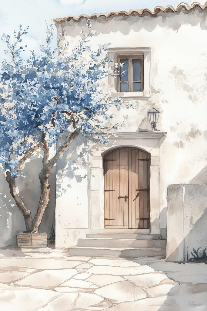 Watercolor painting of a house with a tree and a door