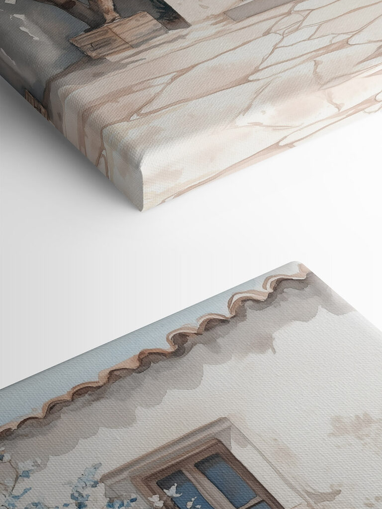 Watercolor painting of a house with a tree and a door