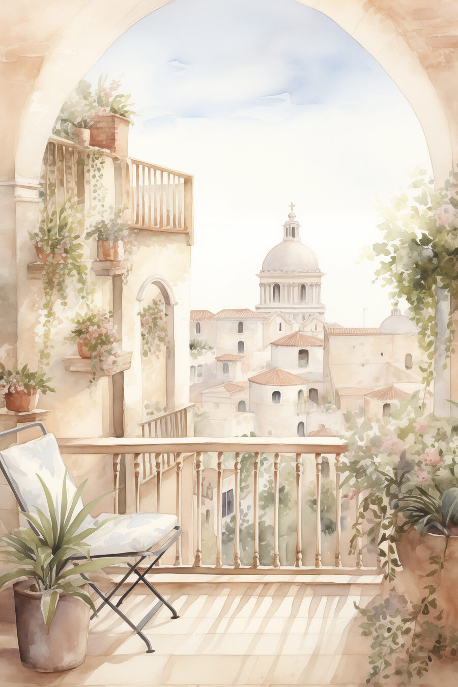 Pictura acuarelă a unui balcon cu vedere la un oraș