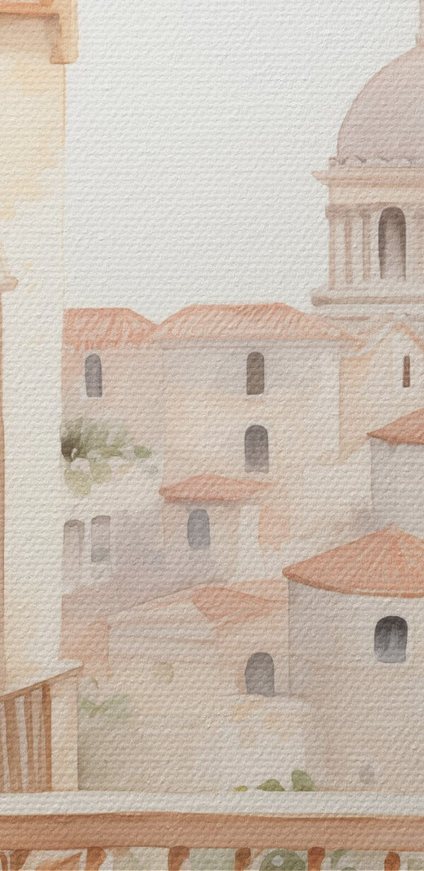 Pictura acuarelă a unui balcon cu vedere la un oraș Pictura acuarelă a unui balcon cu vedere la un oraș