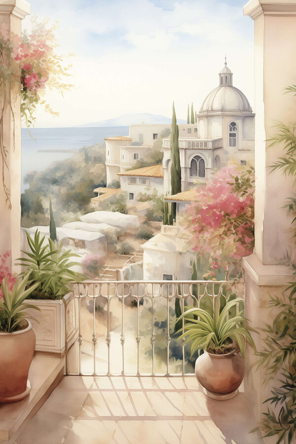 Pictura acuarelă a unui balcon cu vedere la un oraș Pictura acuarelă a unui balcon cu vedere la un oraș