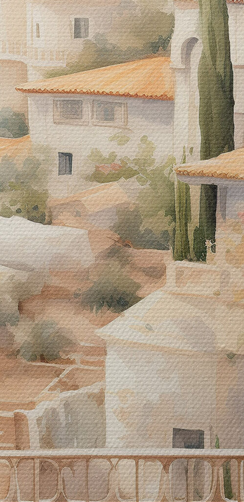 Watercolor painting of a balcony with a view of a town