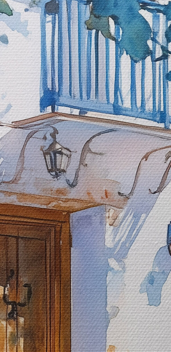 Acuarelă a unei clădiri cu un copac și un balcon Acuarelă a unei clădiri cu un copac și un balcon