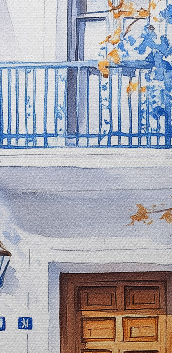 Pictura acuarelă a unei clădiri cu un balcon și flori albastre Pictura acuarelă a unei clădiri cu un balcon și flori albastre