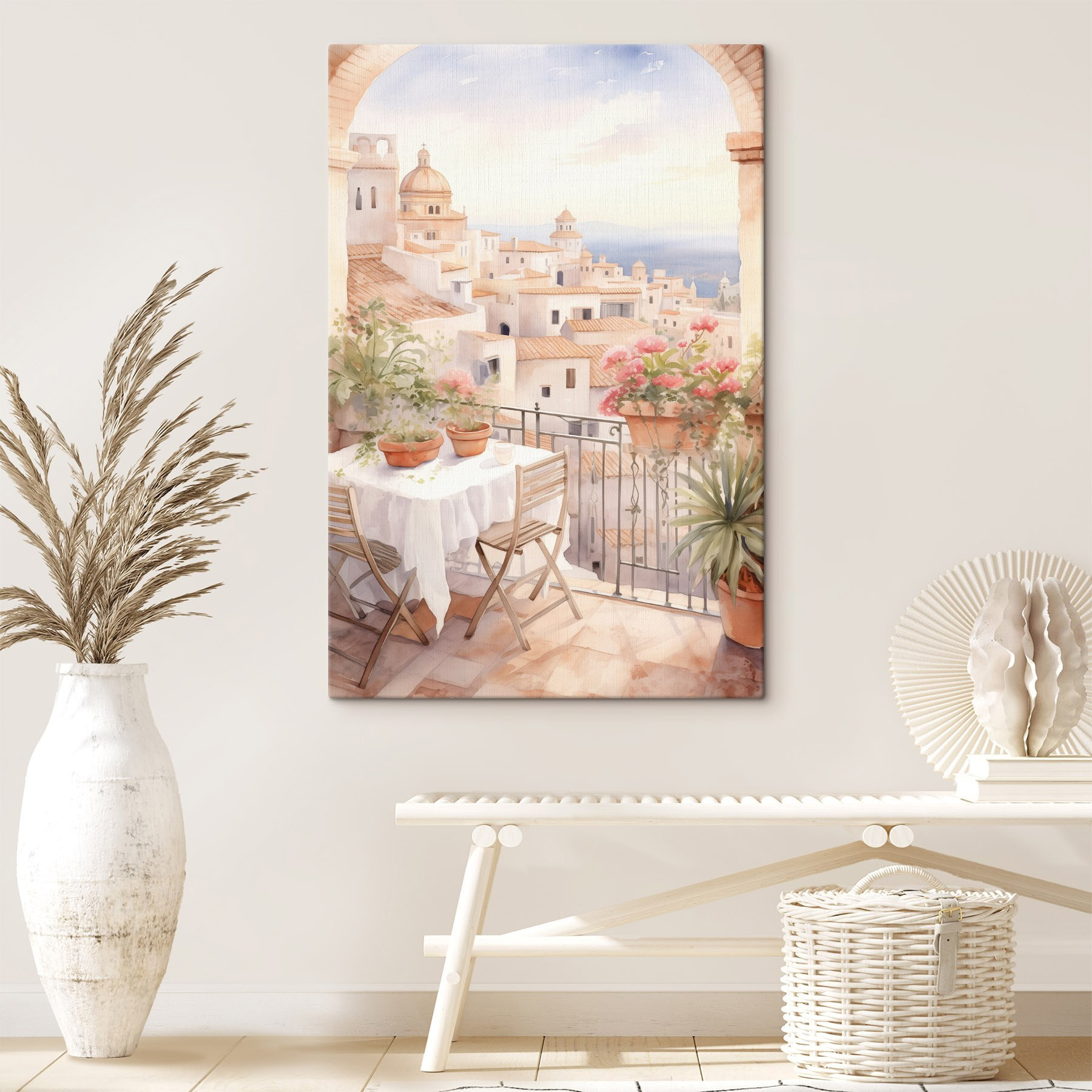 Watercolor painting of a table and chairs on a balcony overlooking a city Watercolor painting of a table and chairs on a balcony overlooking a city