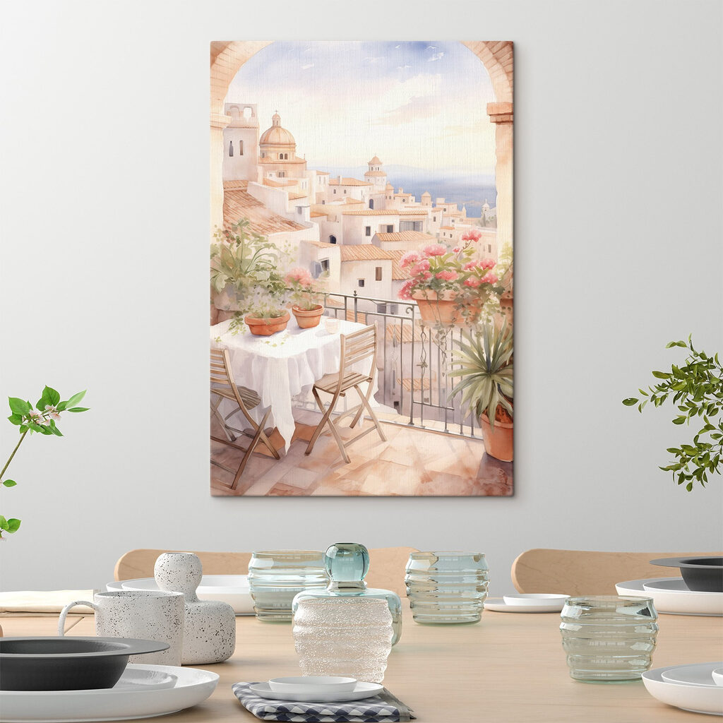 Watercolor painting of a table and chairs on a balcony overlooking a city Watercolor painting of a table and chairs on a balcony overlooking a city