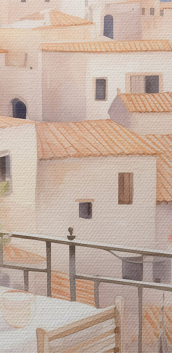 Pictura acuarelă de o masă și scaune pe un balcon cu vedere la un oraș Pictura acuarelă de o masă și scaune pe un balcon cu vedere la un oraș