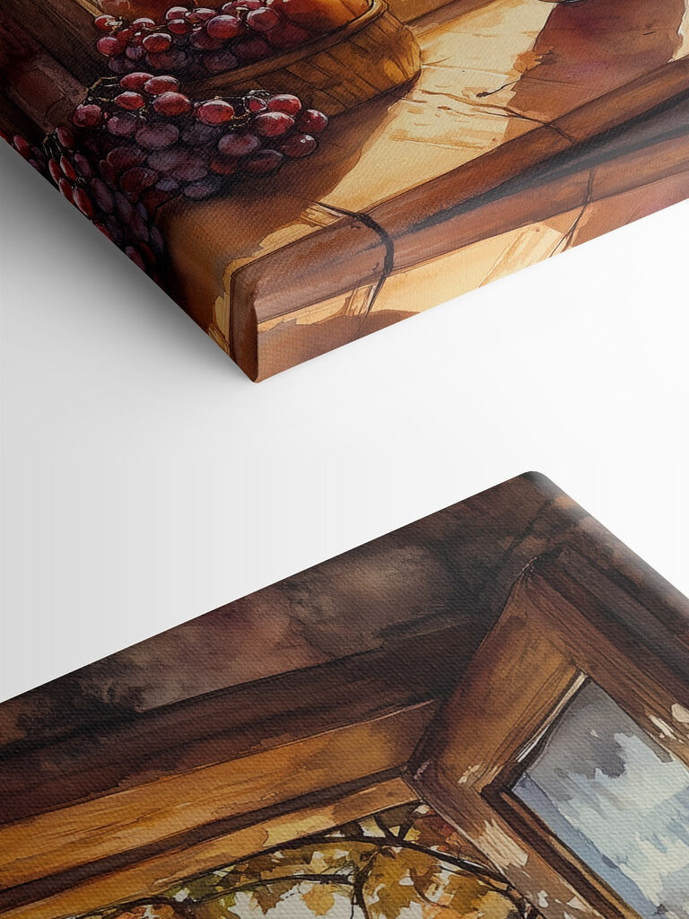 Window with a view of a vineyard and a jar of jam